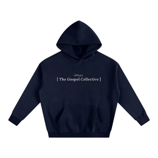 Navy hoodie with 'The Gospel Collective' text on a white background
