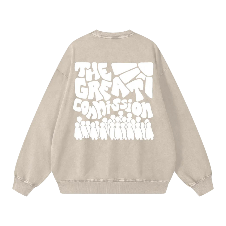 Beige sweatshirt with white text design on a white background