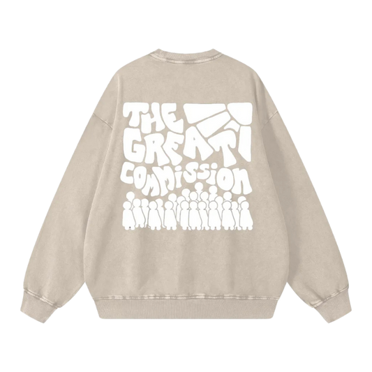 Beige sweatshirt with white text design on a white background