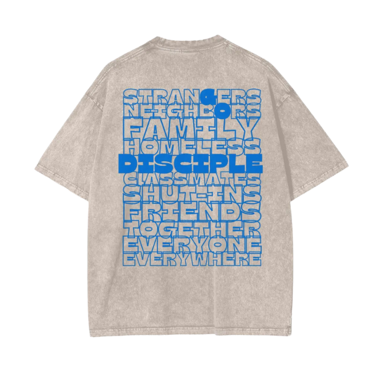 Beige t-shirt with blue text on the back on a white background