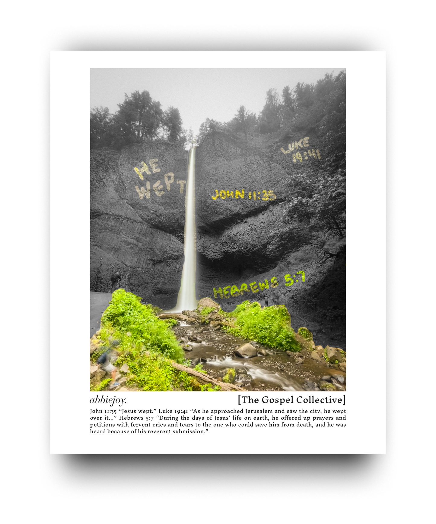 Nature scene with text overlay on a waterfall and rocky cliff.