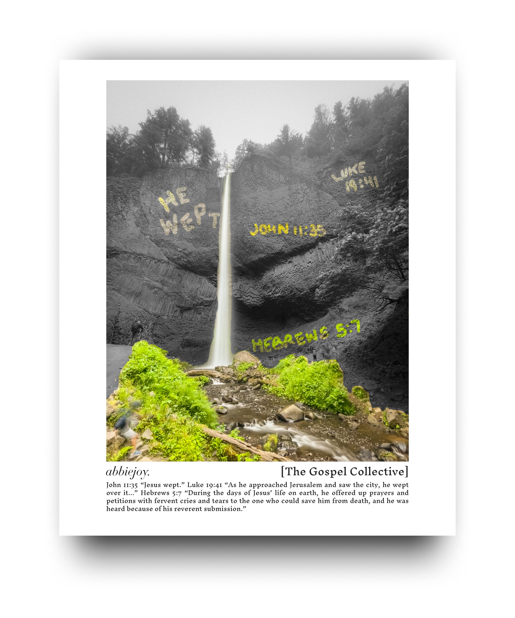Nature scene with text overlay on a waterfall and rocky cliff.