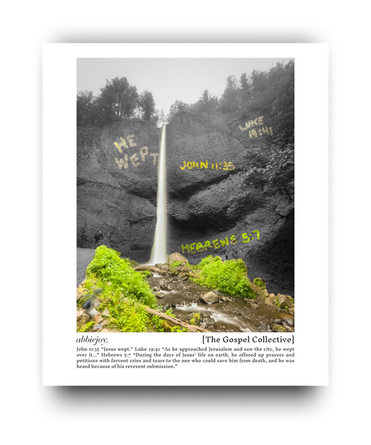 Nature scene with text overlay on a waterfall and rocky cliff.