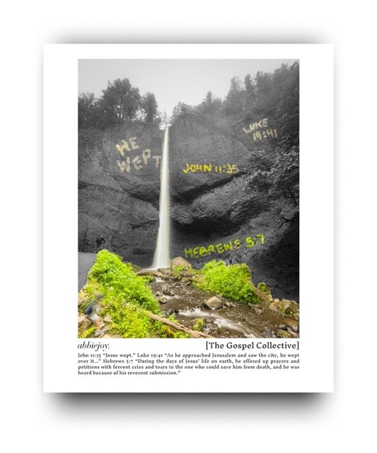 Nature scene with a waterfall and text on rocks, featuring 'The Gospel Collective' branding.