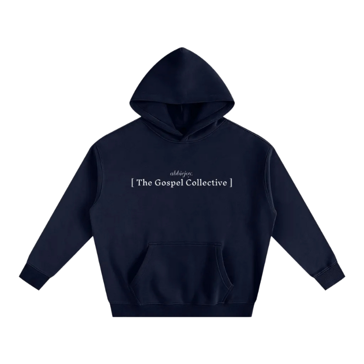 Navy hoodie with 'The Gospel Collective' text on a white background