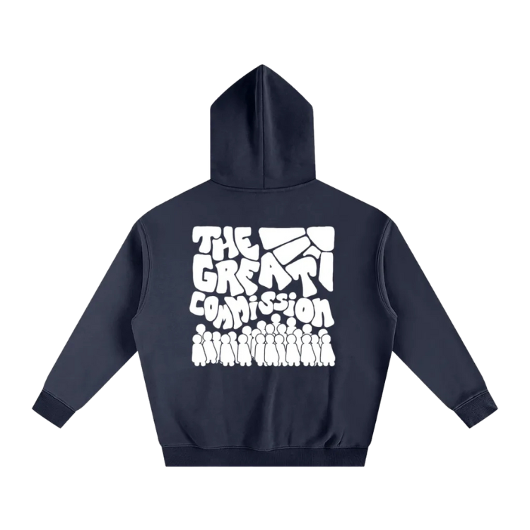 Navy hoodie with white text on the back on a white background
