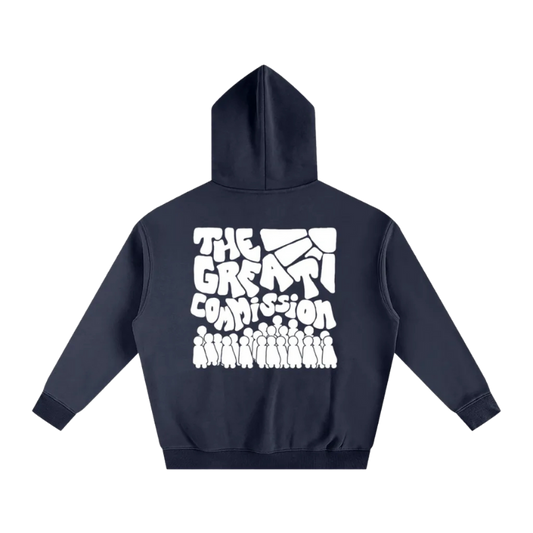 Navy hoodie with white text on the back on a white background