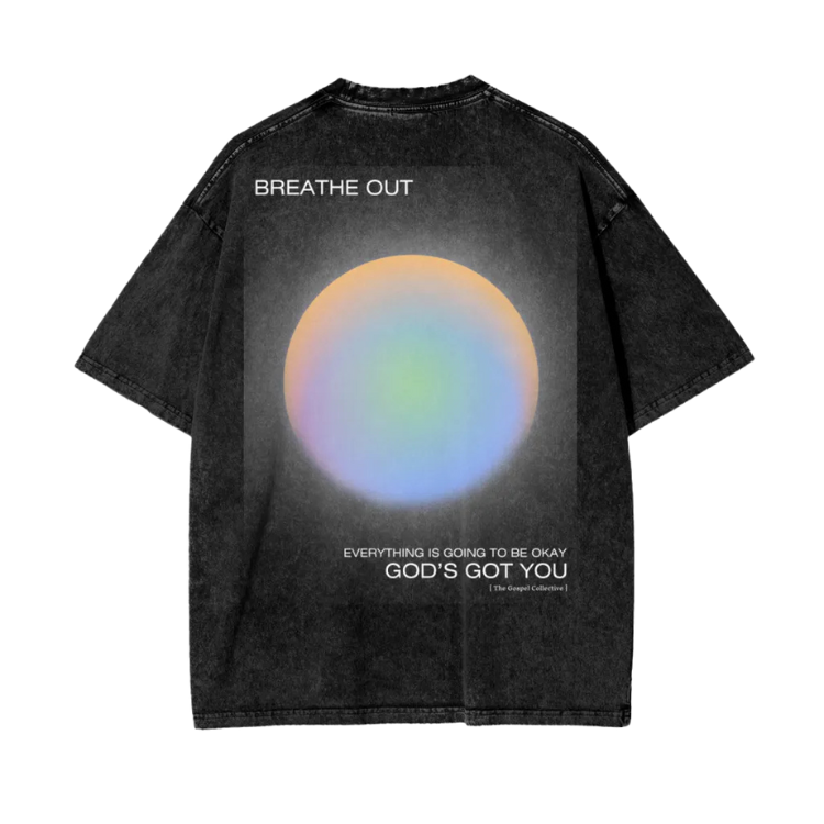 Black t-shirt with a colorful circle design and text on a white background