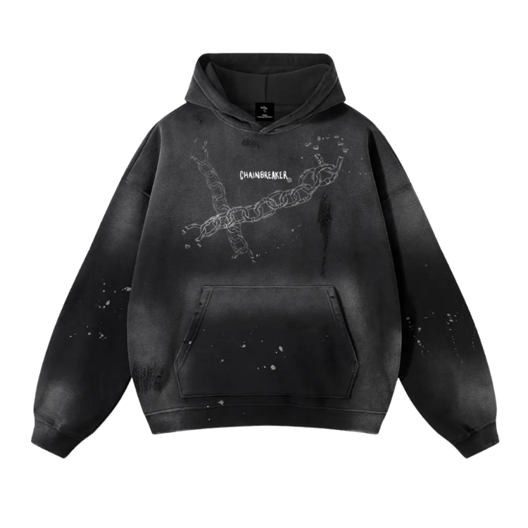 Black hoodie with graphic design on a white background