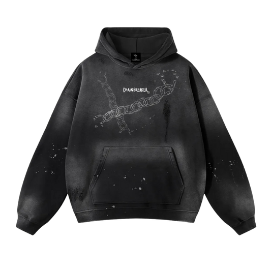 Black hoodie with graphic design on a white background