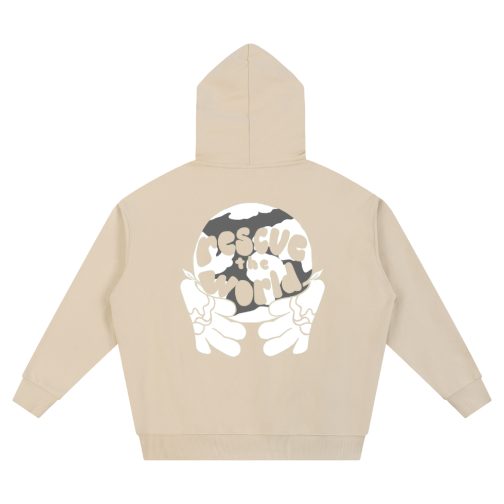 Beige hoodie with a graphic design on the back on a white background
