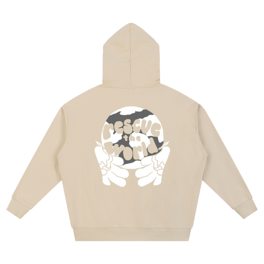 Beige hoodie with a graphic design on the back on a white background