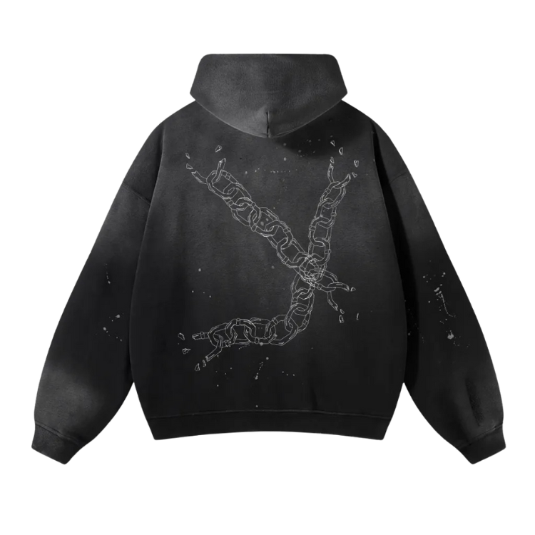 Black hoodie with a chain design on the back against a white background