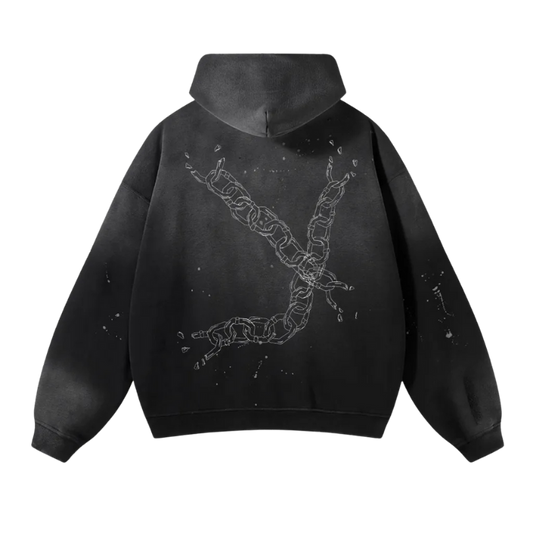 Black hoodie with a chain design on the back against a white background