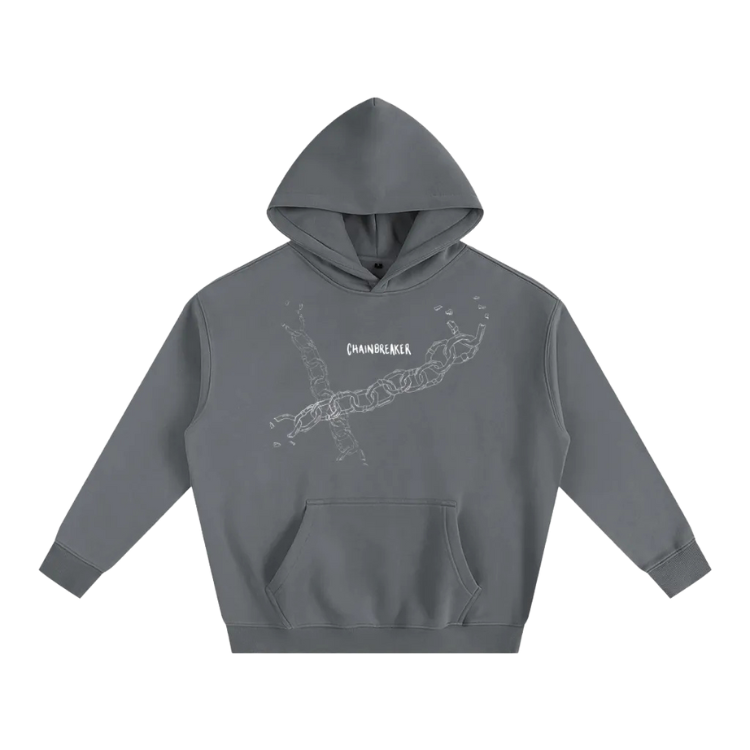 Gray hoodie with a chain design and 'Chainbreaker' text on a white background
