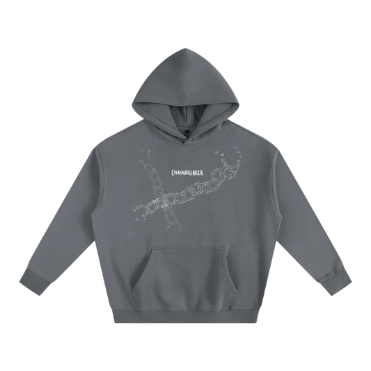 Gray hoodie with a chain design and 'Chainbreaker' text on a white background