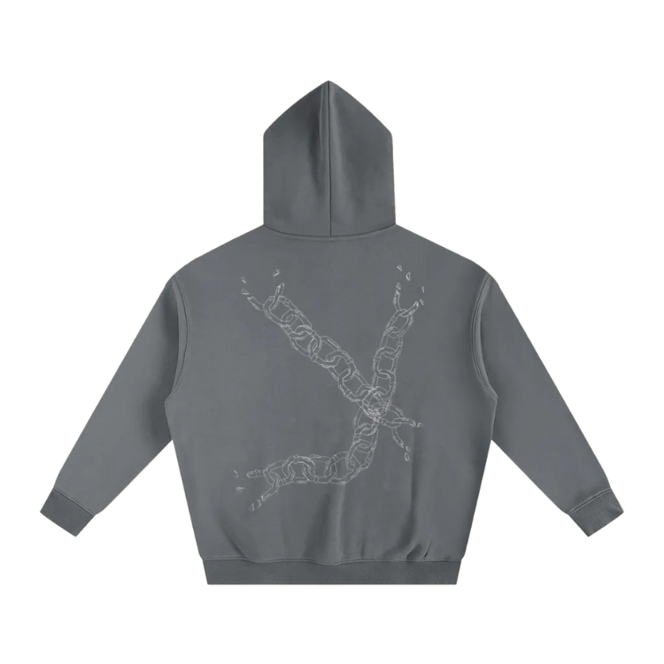 Gray hoodie with a snake design on the back against a white background