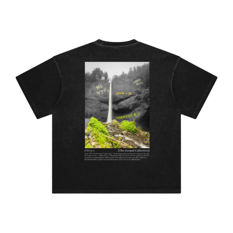 Black t-shirt with a graphic of a waterfall and text on a white background