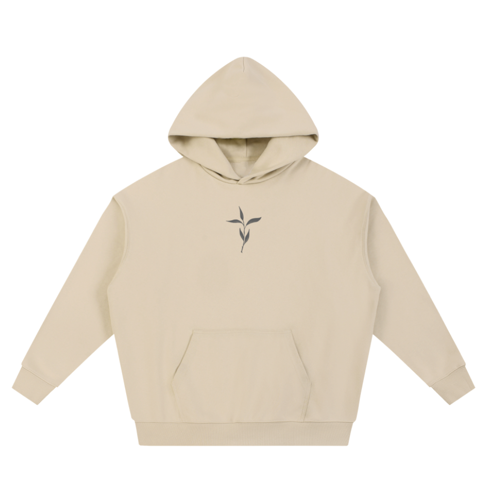 Beige hoodie with a small logo on a white background