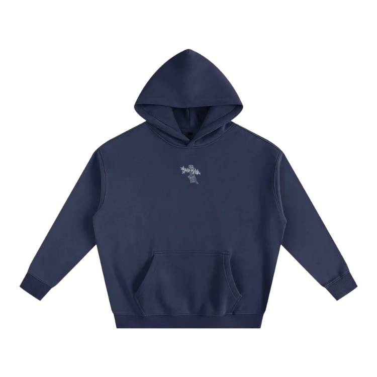 Navy blue hoodie with a small logo on a white background
