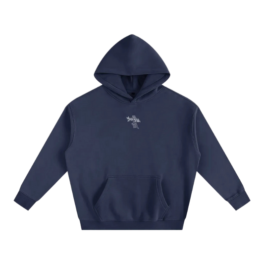 Navy blue hoodie with a small logo on a white background