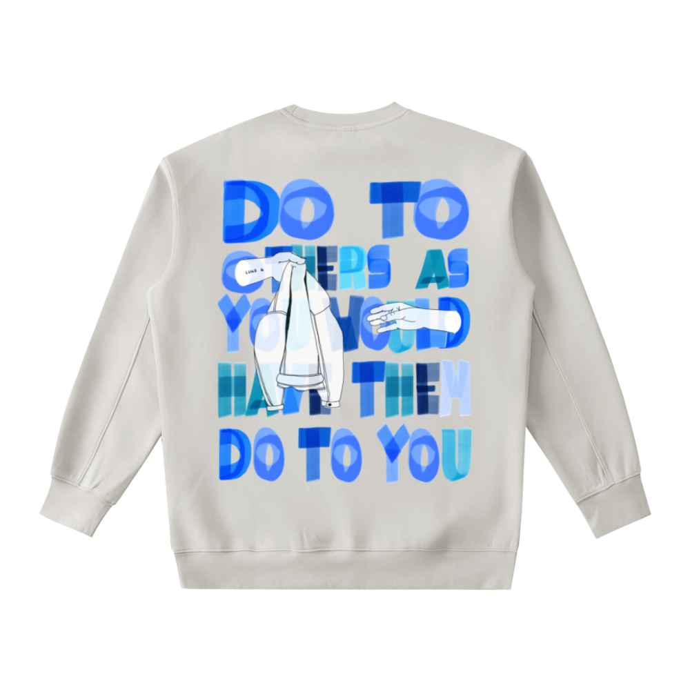 Beige sweatshirt with blue and green text and graphic on the back
