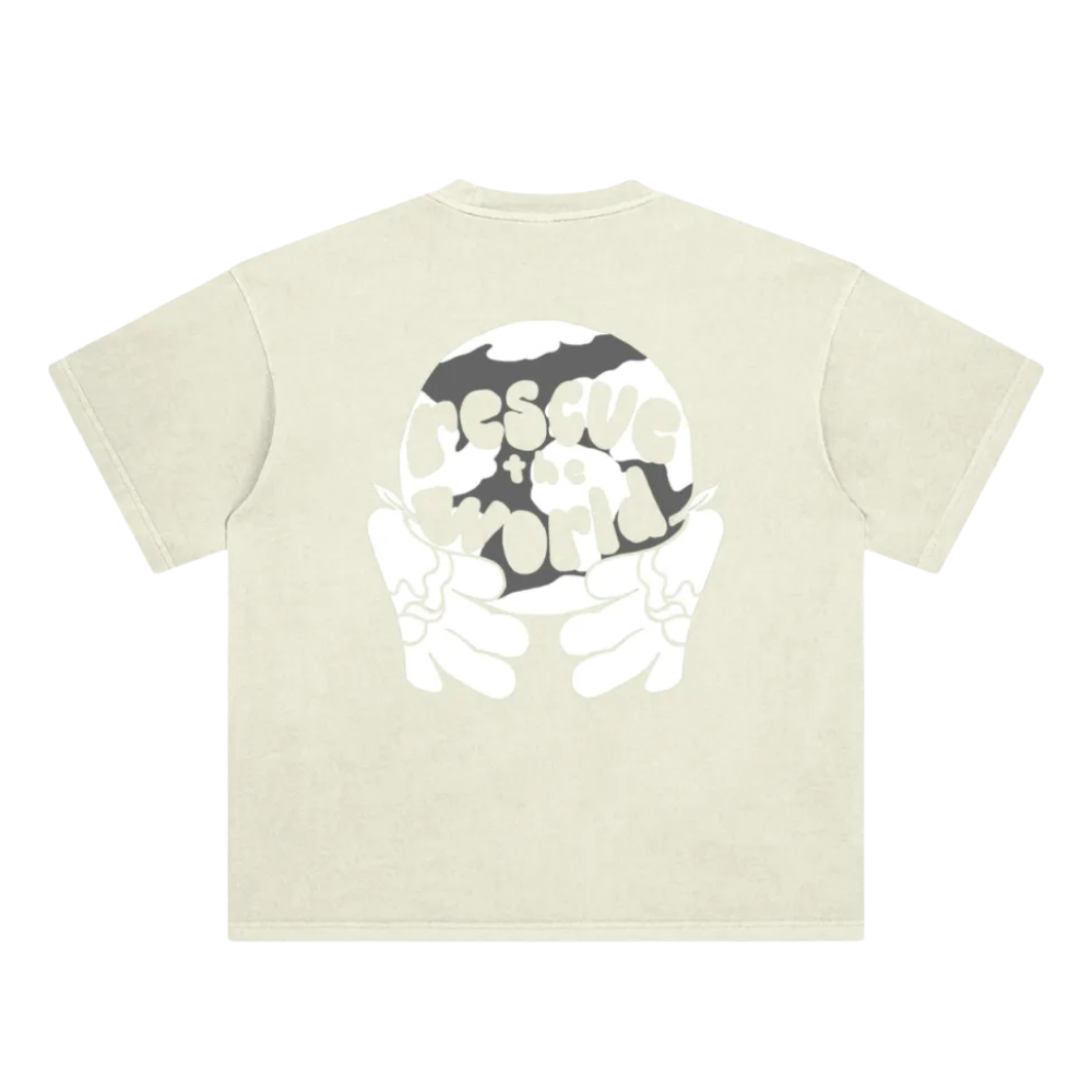 Beige t-shirt with graphic design on a white background