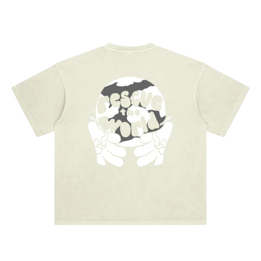 Beige t-shirt with graphic design on a white background